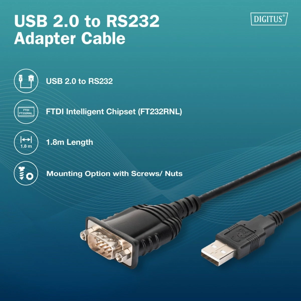 Kabl adapter USB 2.0 në RS232 (DB9) Digitus DA-70172, 1.8m, FTDI FT232RNL, i zi