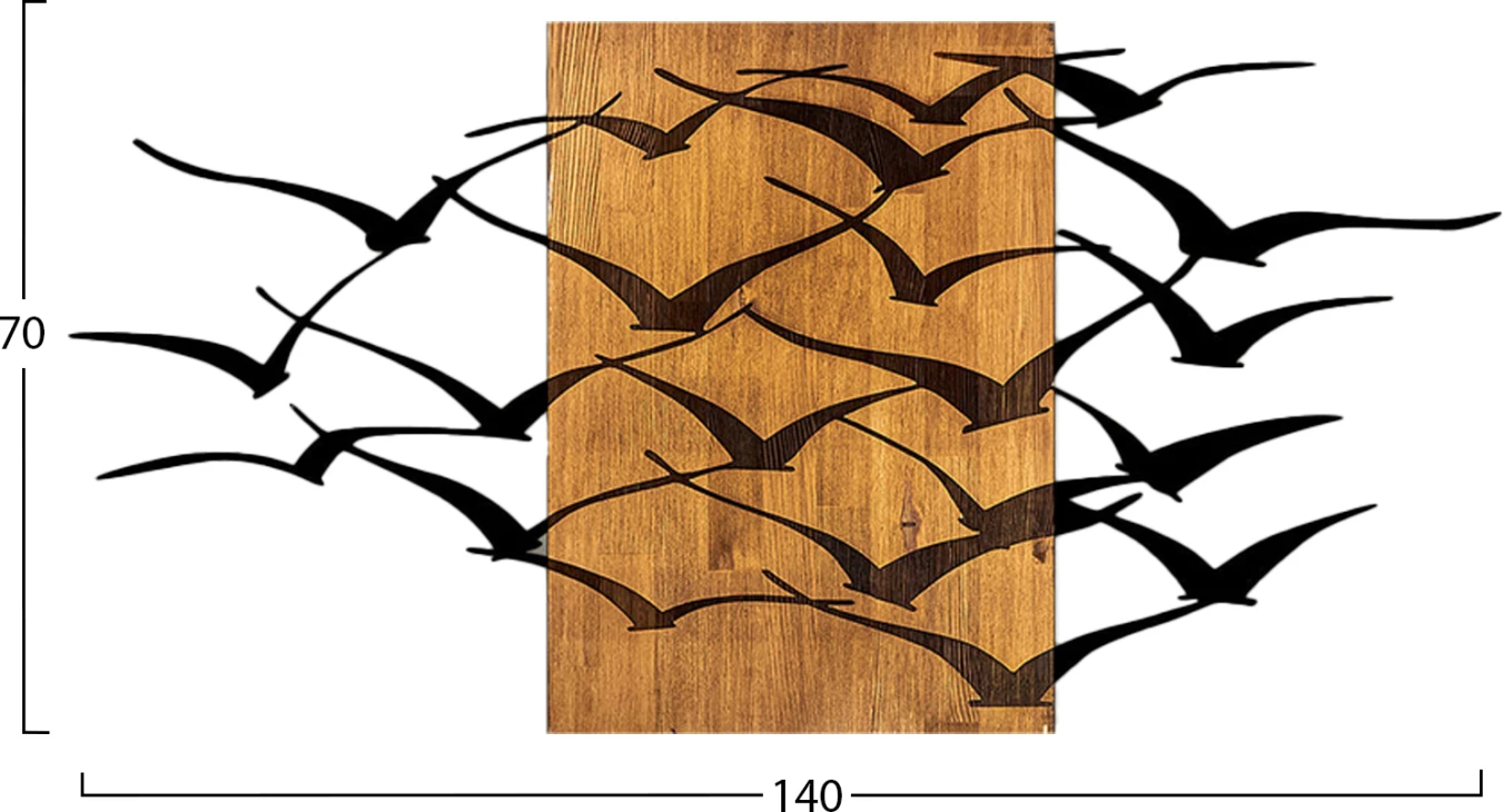 Dekor muri i madh me zogj, metal i zi, dru natyral, FH4749, 140x3x70cm
