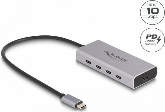 USB-C hub DeLOCK 5 porta, 4x USB-C + USB-C PD 85W, 10Gbps, 30cm, gri
