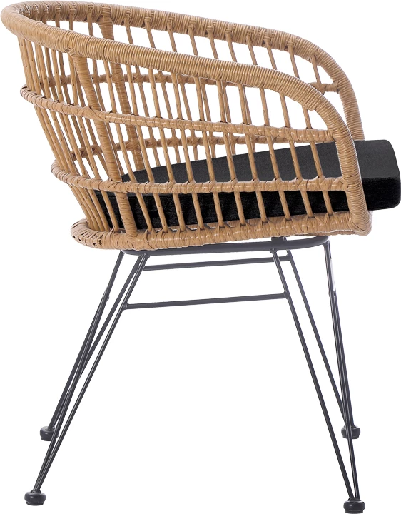 Karrige Naoki me jastëk pe rattan, ngjyrë natyrale, këmbë metalike të zeza, 63x61x79cm