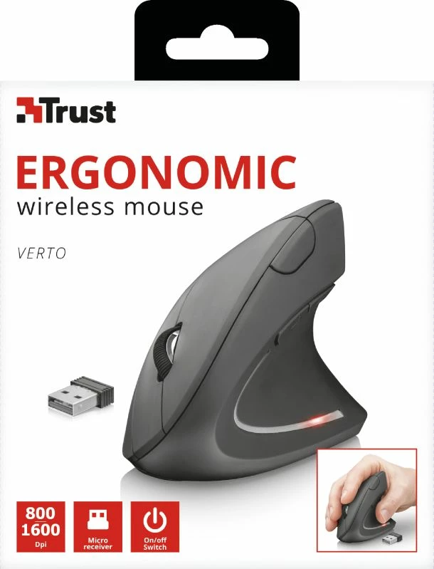 Maus Trust Verto 22879, wireless vertikal 1600 DPI, 6 butona, i zi