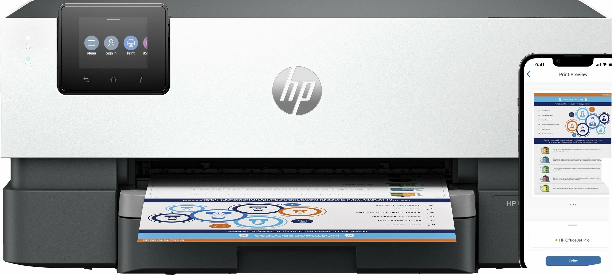 Printer inkjet HP OfficeJet Pro 9110b (5A0S3B) A4, Wi‑Fi, Duplex, 250 fletë, 4 kartrixhe, Ethernet/USB, ekran me prekje, Bardhë/Gri