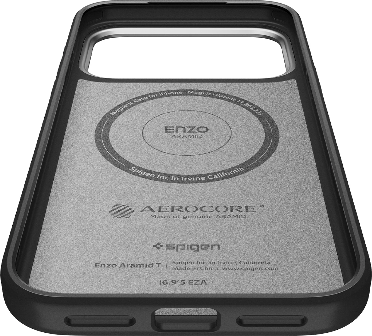 Mbështjellës Spigen Enzo Aramid "T" MagSafe për iPhone 17 Pro, e zezë dhe argjendtë