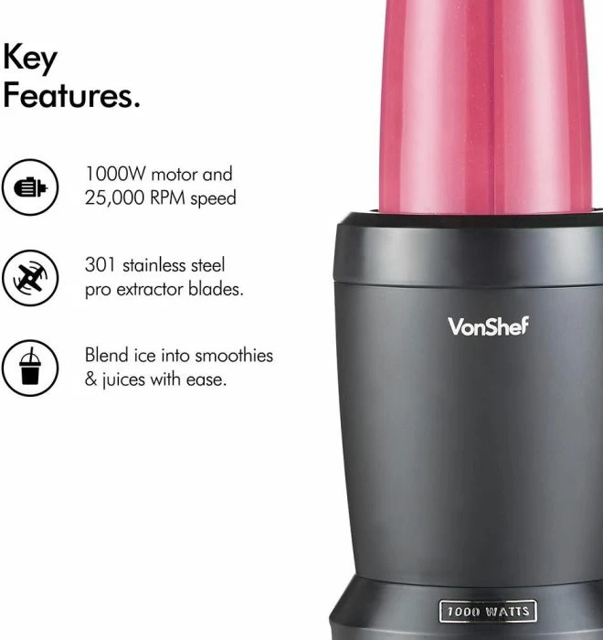 Blender Vonshef UltraBlend 1000W, 800ml+500ml, set 2 gota, i zi mat