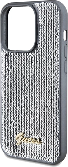 Mbështjellës Guess Sequin Script Metal për iPhone 14 Pro, argjend