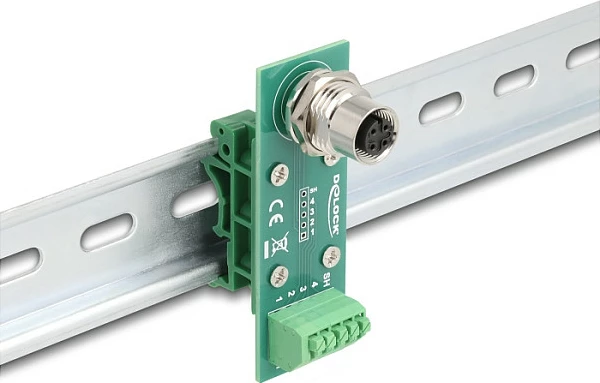 Adapter modul DeLOCK M12 A-koduar, 4-pin femër në terminal bllok 5-pin, për shinë DIN, i gjelbër