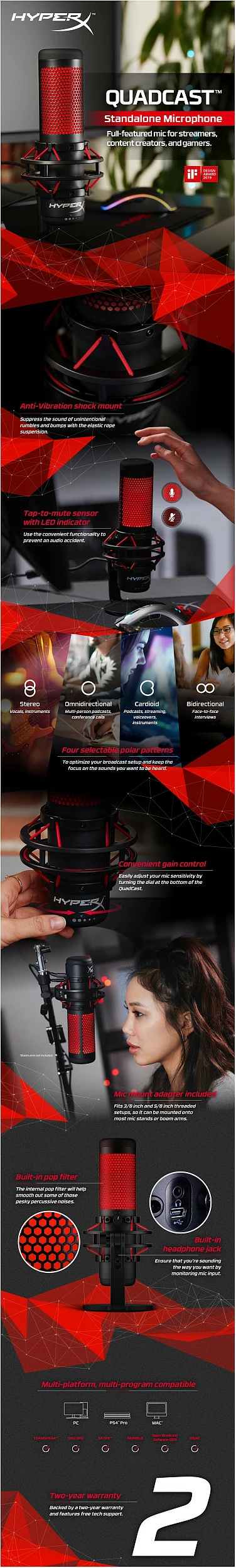 Mikrofon Kingston HyperX QuadCast, USB, kabllo 3 m, LED i kuq