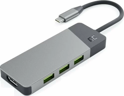 Adapter hub USB-C Green Cell Connect, 3x USB 3.1, HDMI 4K 60Hz, USB-C PD 85W, lexues SD/microSD, gri