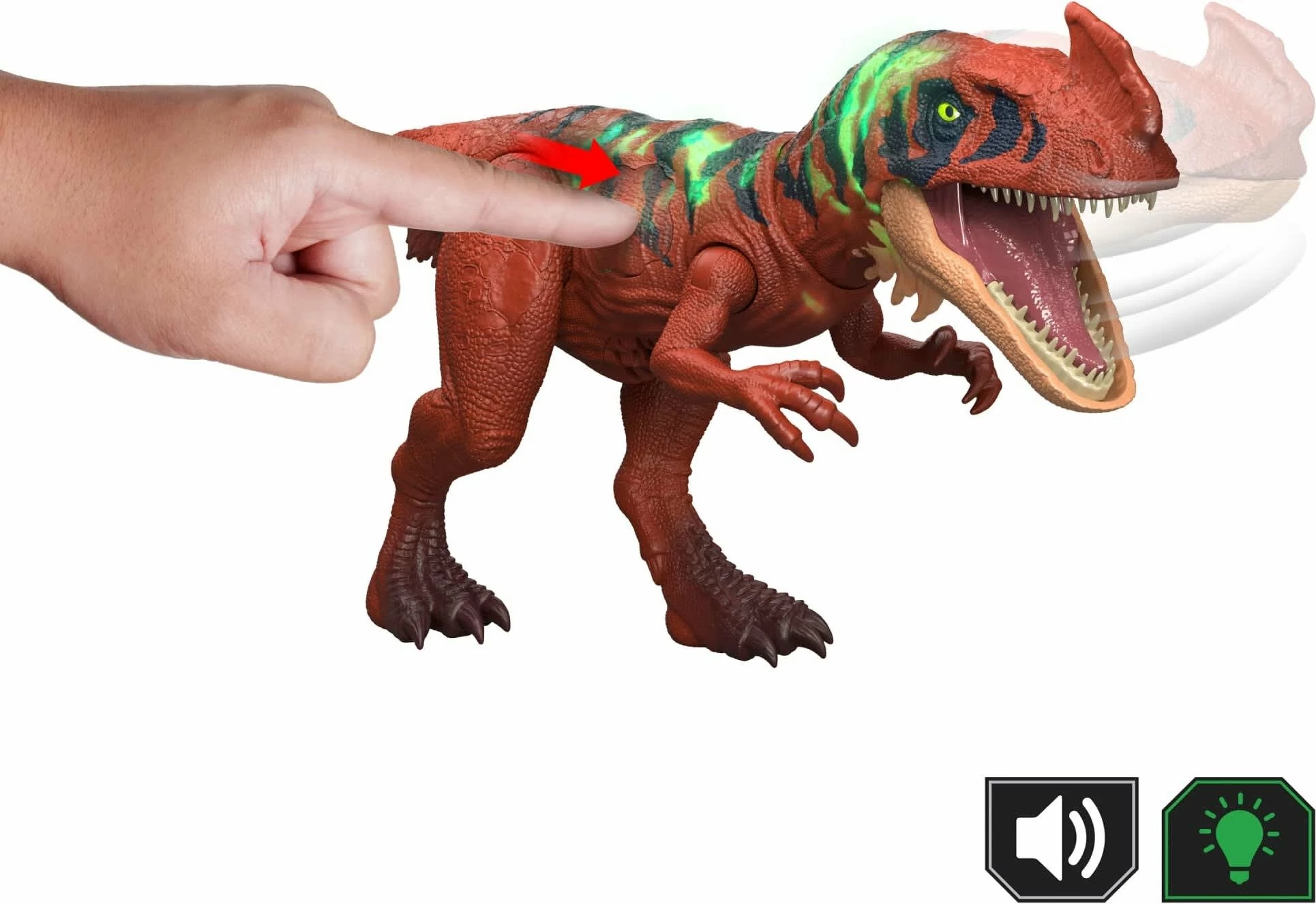 Figurinë dinosauri Mattel Jurassic World Roaring Afrowenator JKL76, 30 cm, me sulm dhe tingull, kuqe/blu