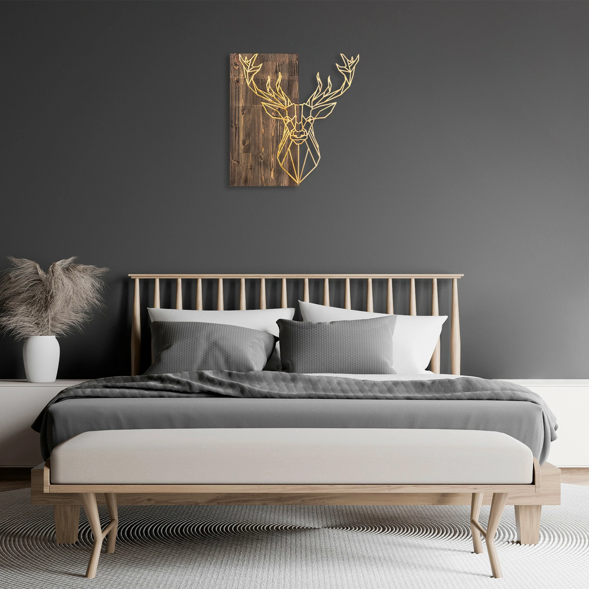 Aksesor dekorativ për mur, dru dhe metal, dizajn dreri, ngjyrë arre dhe ari, 56x58cm