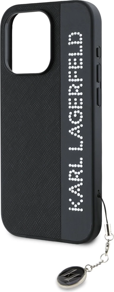 Mbështjellës Karl Lagerfeld Saffiano Rhinestones & Charm për iPhone 15 Pro, i zi