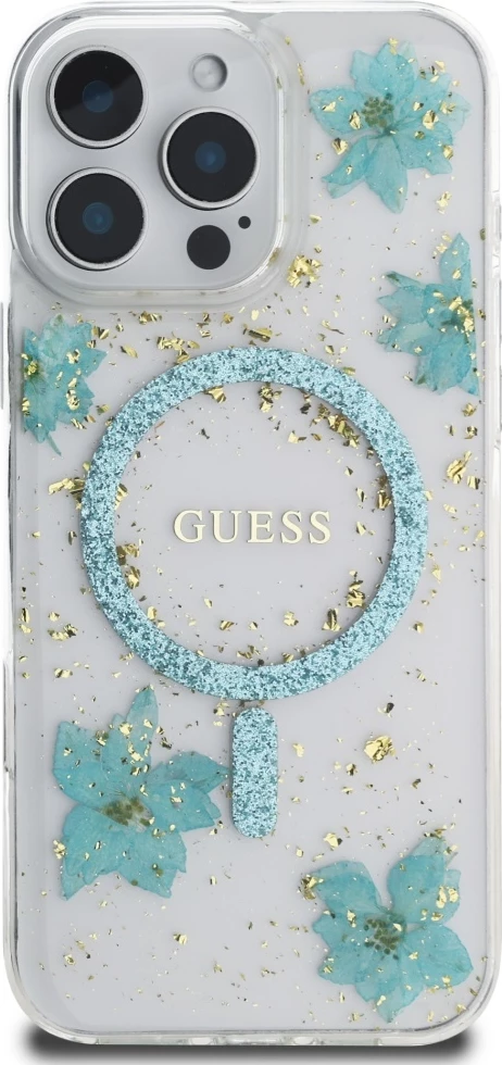Mbështjellës Guess Resin Flowers Glitter MagSafe për iPhone 16 Pro, Transparent/Turkeze