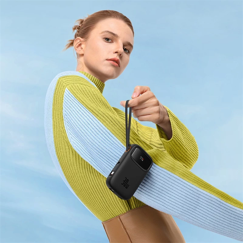 Powerbank Baseus QPow 2, 10000mAh, 30W, me kabllo USB-C të integruar, Ekran LED, e zezë