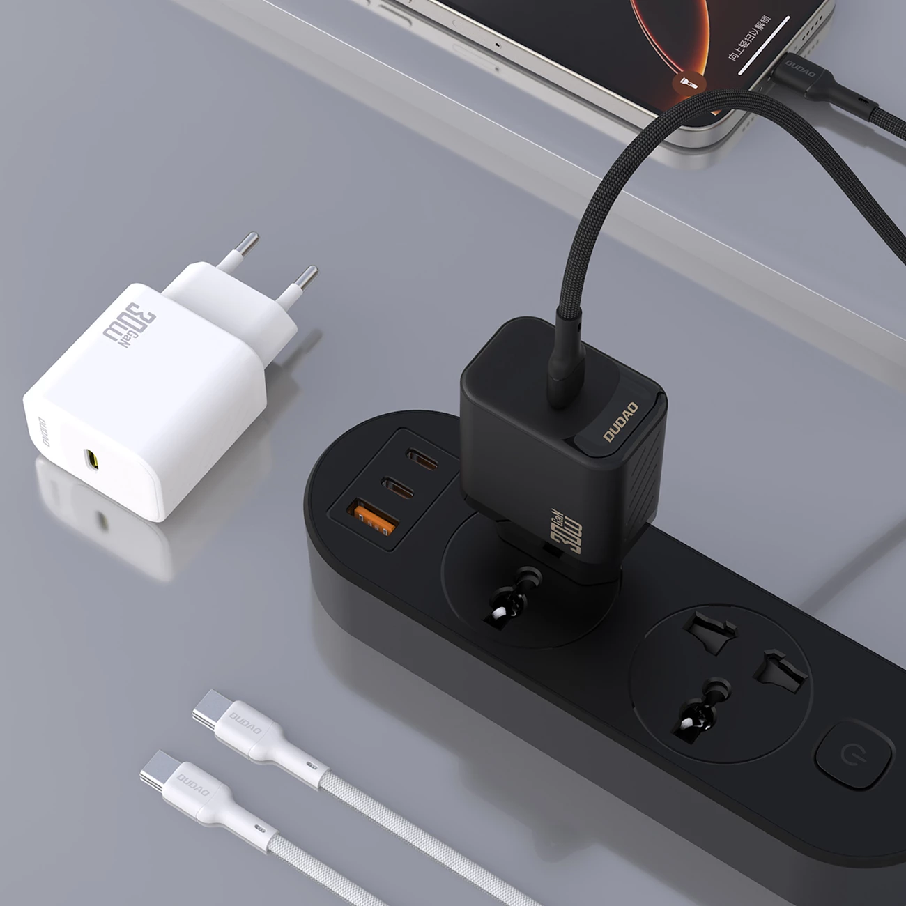 Karikues muri USB-C GaN, Dudao A27PCEU, PD 30W, 1 port, prizë EU, i bardhë, me kabllo USB-C