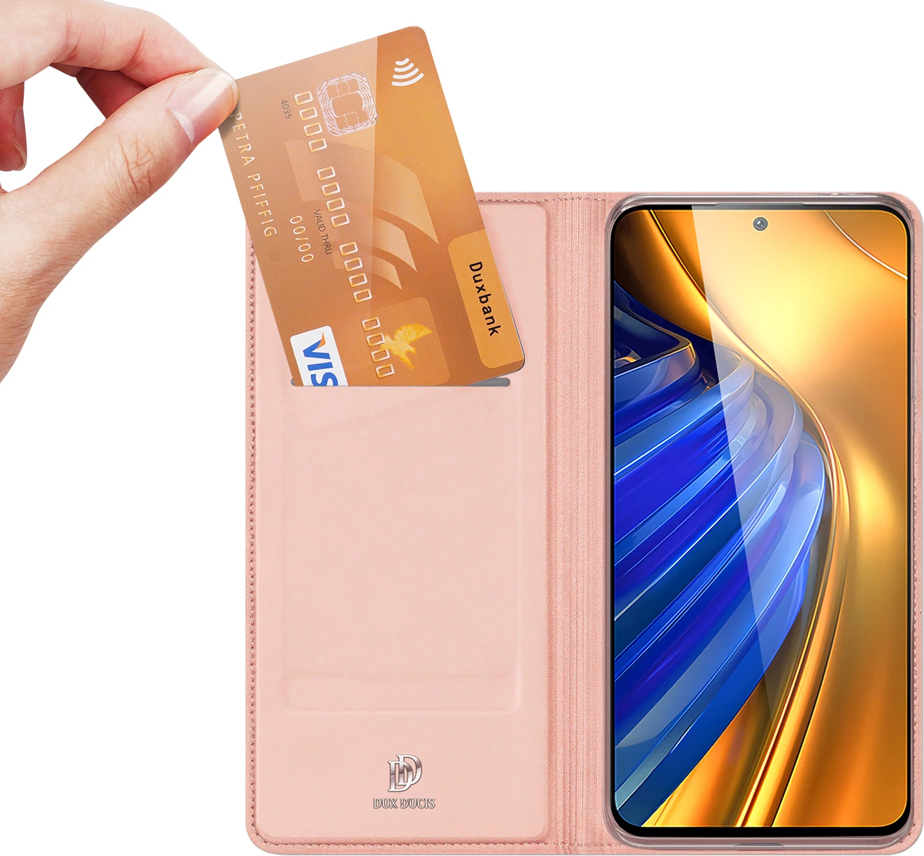 Mbështjellës Dux Ducis Skin Pro për Xiaomi Poco F4 5G, me xhep dhe qëndrim, rozë