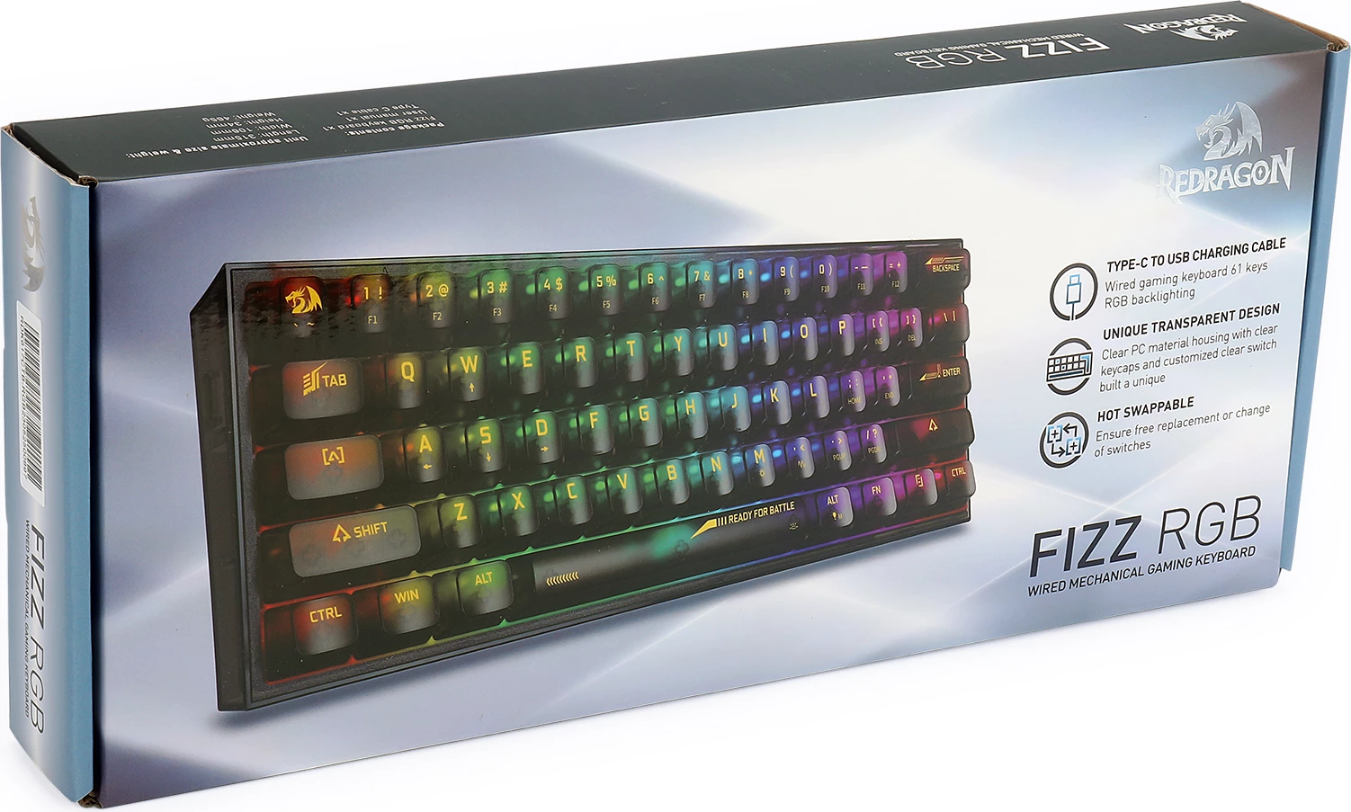 Tastierë mekanike Redragon Fizz K617CTB-RGB 60% 61 tasta USB-C RGB Blue switch, zezë transparente