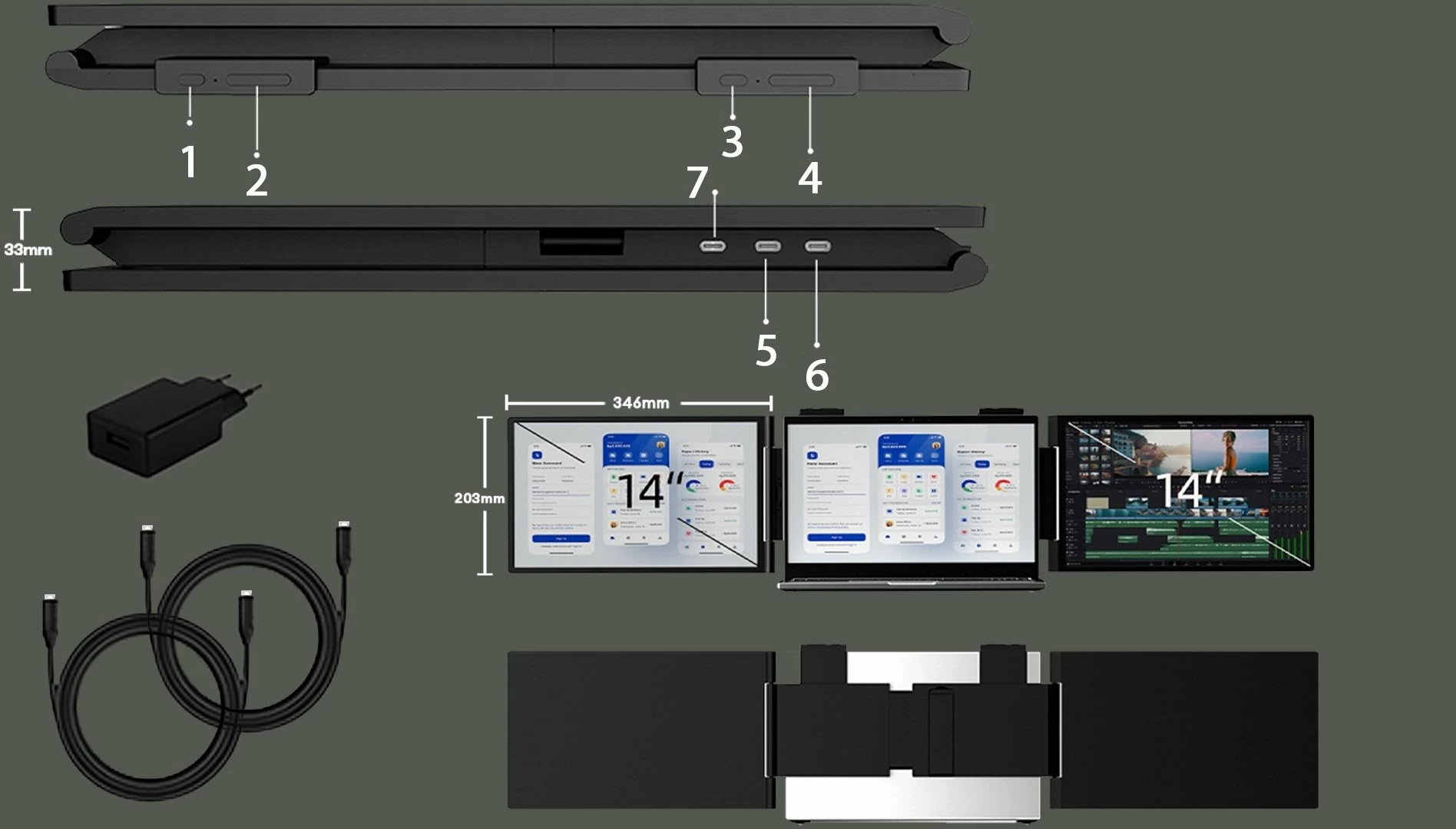Monitor portativ i dyfishtë Zeuslap ZB14 2x14" Full HD IPS 60Hz, i zi, set me 2x kabllo USB-C