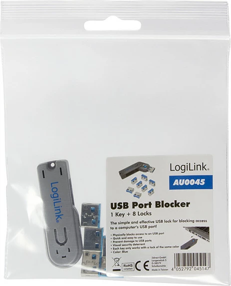 Bllokues porte USB-A LogiLink, 1 çelës + 8 bllokues, gri/blu