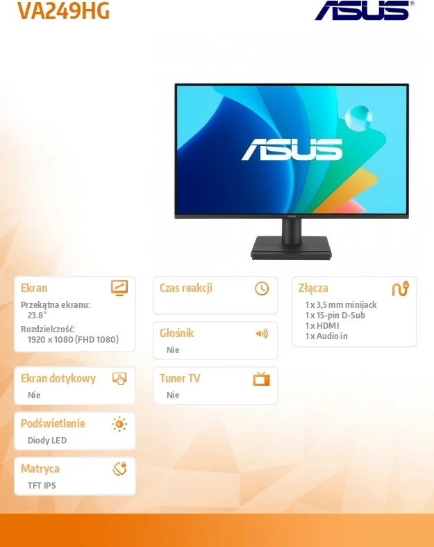 Monitor, Asus VA249HG, 23.8", FHD 1920x1080, IPS 120Hz, 1ms MPRT, HDMI VGA, i zi