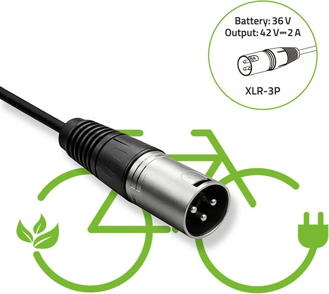 Karikues biçikletë elektrike, Qoltec, 52615, 42V 2A 84W, 3P XLR 18mm, për bateri 36V Li-ion, IP54, me kabllo rryme, e zezë