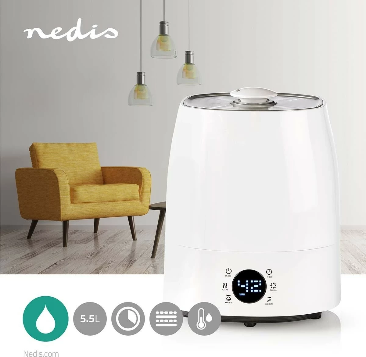 Humidifikator ajri Nedis HUMI120C, ultrasonik, 5.5L, i bardhë