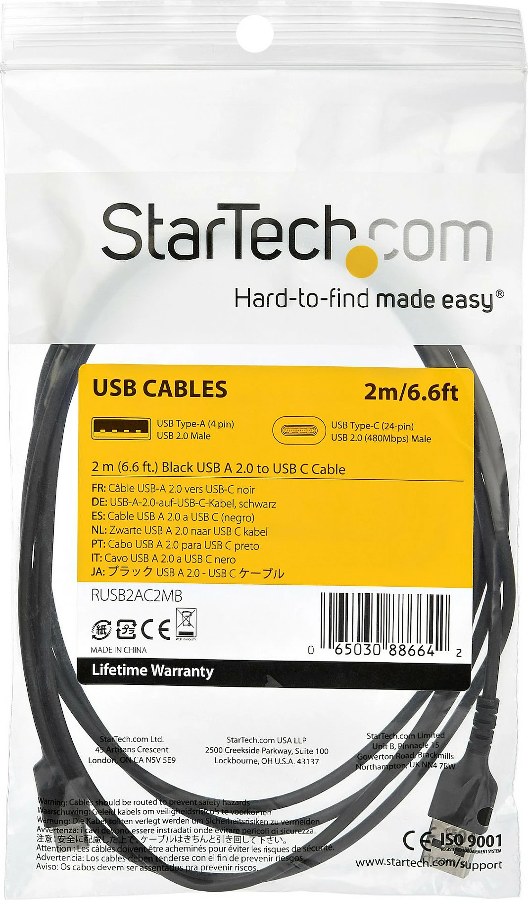 Kabllo USB StarTech 2m USB-A në USB-C, USB 2.0, 60W PD, e zezë