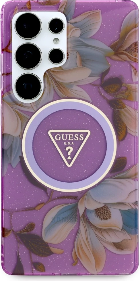 Mbështjellës Guess Glitter Flowers Triangle Buttons MagSafe për Samsung Galaxy S25 Ultra, me MagSafe, vjollcë