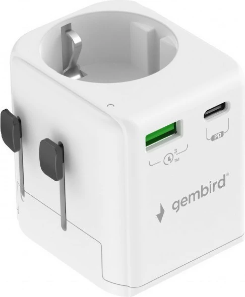 adapter udhëtimi me tokëzim, Gembird, TPA-EU1A1C20-01-W, 20W GaN, USB-C PD + USB-A QC, prizë Schuko, e bardhë