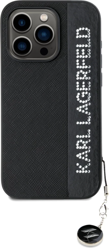 Mbështjellës Karl Lagerfeld Saffiano Rhinestones & Charm për iPhone 15 Pro, i zi