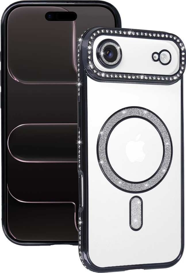 Mbështjellës silikoni MagSafe ONASI 23888 për iPhone 17 Air, transparent i zi me glitter