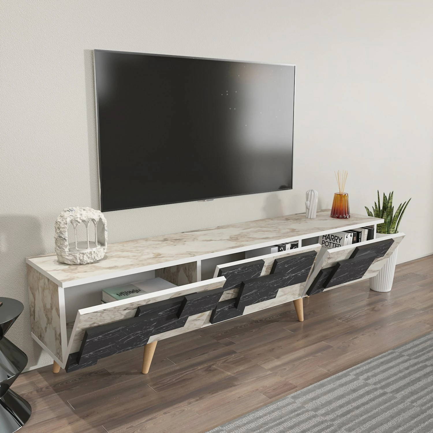 Komodë TV Hanah Home, 3 D, e bardhë, mermer