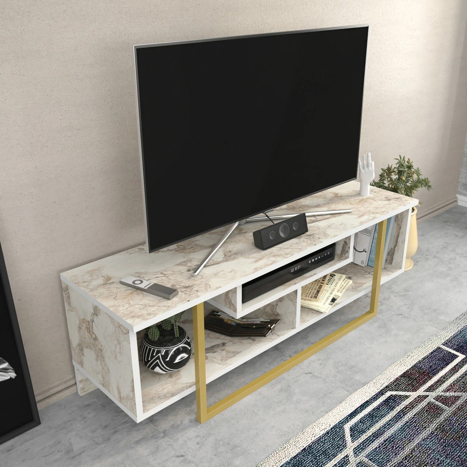 Komodë TV Hanah Home, Asal 120, ngjyrë e bardhë dhe ari, Ephesus