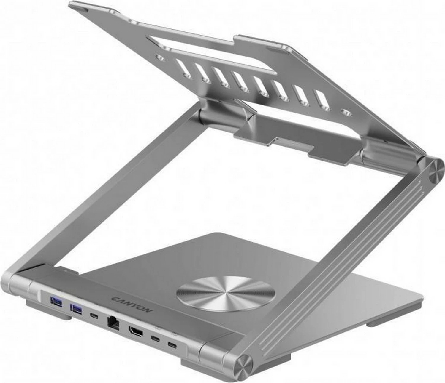 Kasë laptopi Canyon me hub HDMI, 2xUSB, RJ45, rregullim lartësie, argjendtë