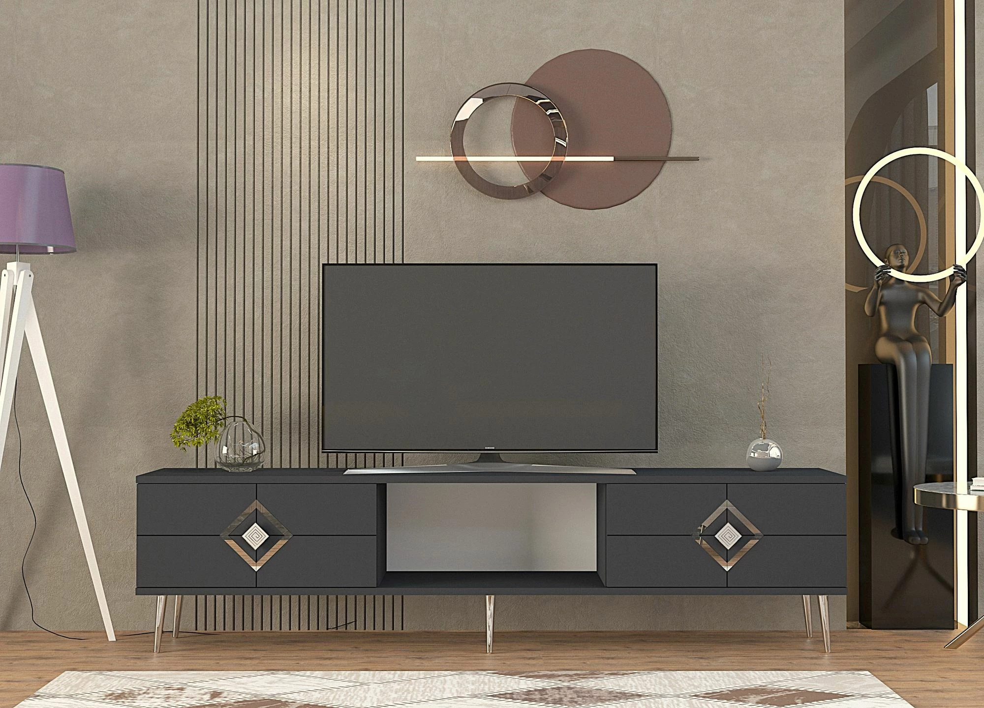 Komodë TV Skye Decor, ngjyrë antracit, argjendtë