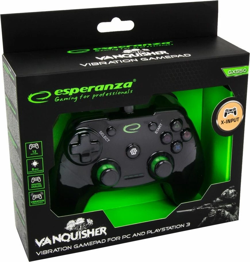 Gamepad Esperanza Vanquisher EGG110K, me kabllo 1.5 m, për PC/PS3, vibrim, i zi