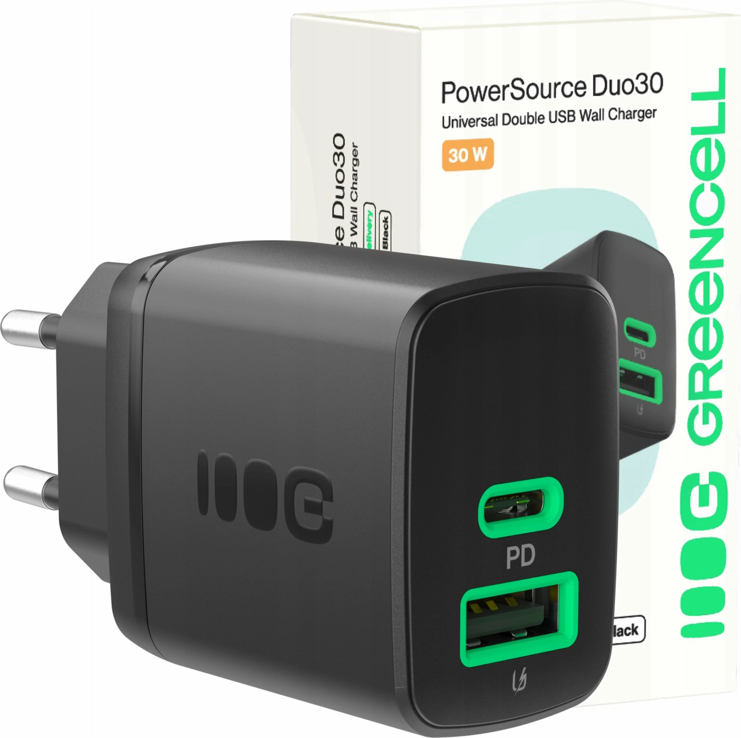 Karikues rrjeti Green Cell PowerSource Duo30 CHARB-GC-30AC-B 30W, 1x USB-A/1x USB-C, PD 3A, i zi