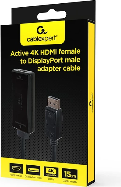 Konvertues/adapter aktiv HDMI në DisplayPort Gembird A-HDMIF30-DPM-01 4K 30Hz 0.15 m, i zi