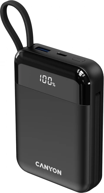 Power bank CANYON OnPower 104 10000mAh 22.5W me kabllo të integruara USB-C/Lightning, i zi