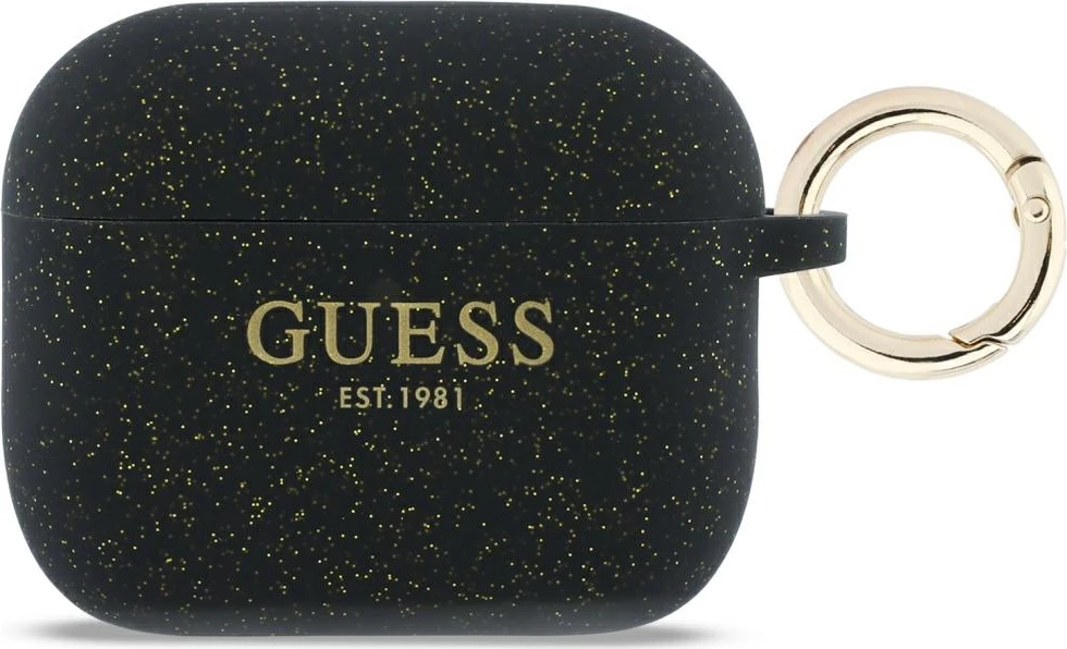 Mbështjellës silikoni Guess Silicone Glitter Ring për Apple AirPods Pro 3, me glitter dhe karabinier, i zi