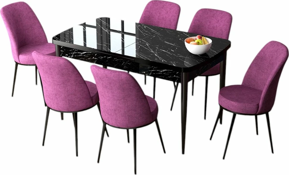 Tavolinë me karrige, zgjatshme, 7 copë, Skye Decor, ngjyrë mermeri të zi, lejla