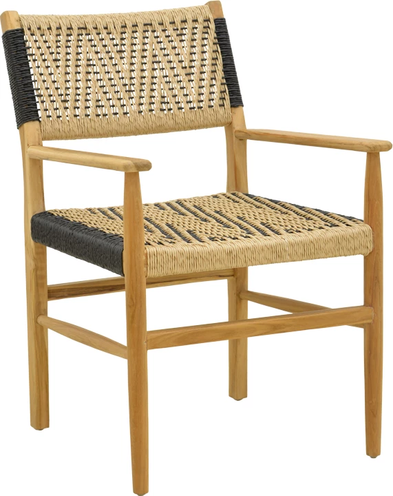 Karrige me krahë Fermilo, skelet druri teak, litar PE, ngjyrë natyrale-e zezë, 55x67x86cm