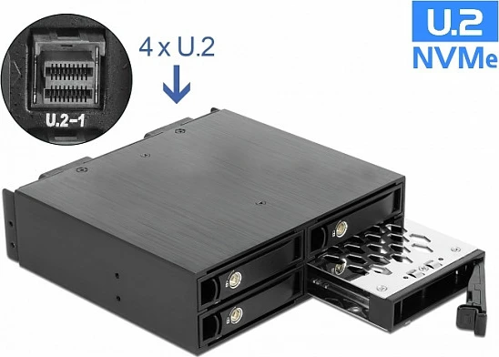 Rack mobil DeLOCK 5.25" për 4x 2.5" U.2 NVMe SSD, me kyç, alumin, i zi