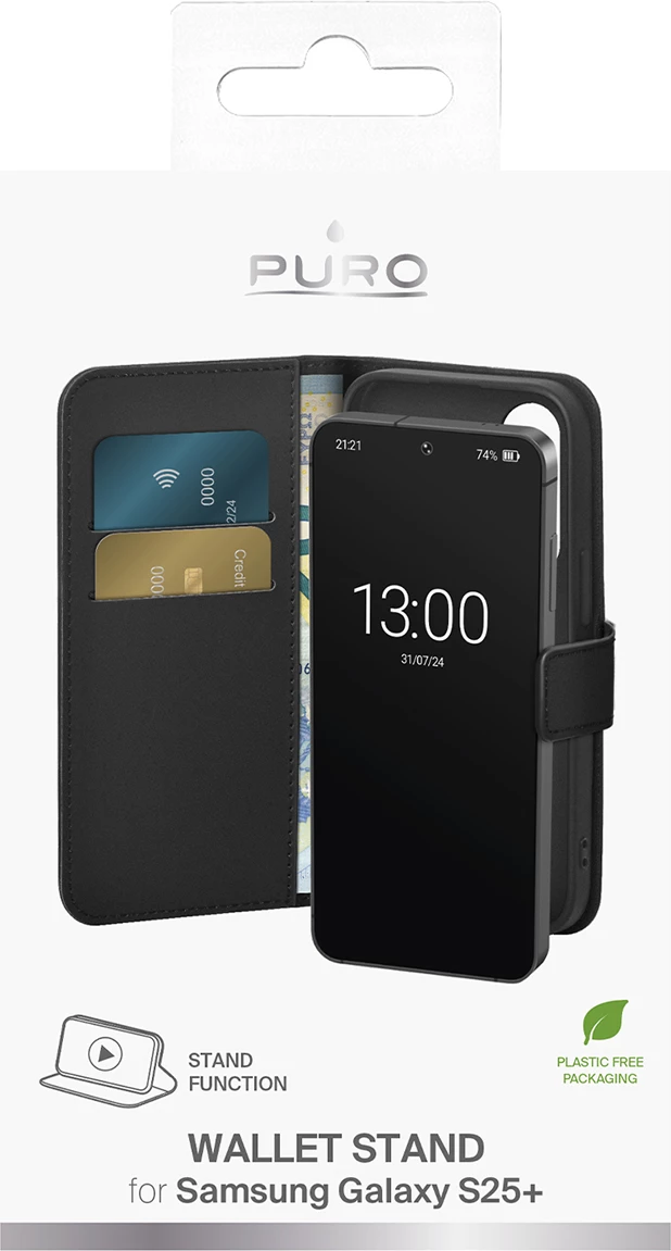 Mbështjellës Puro Booklet Case me kapak dhe portofol për Samsung Galaxy S25+, i zi