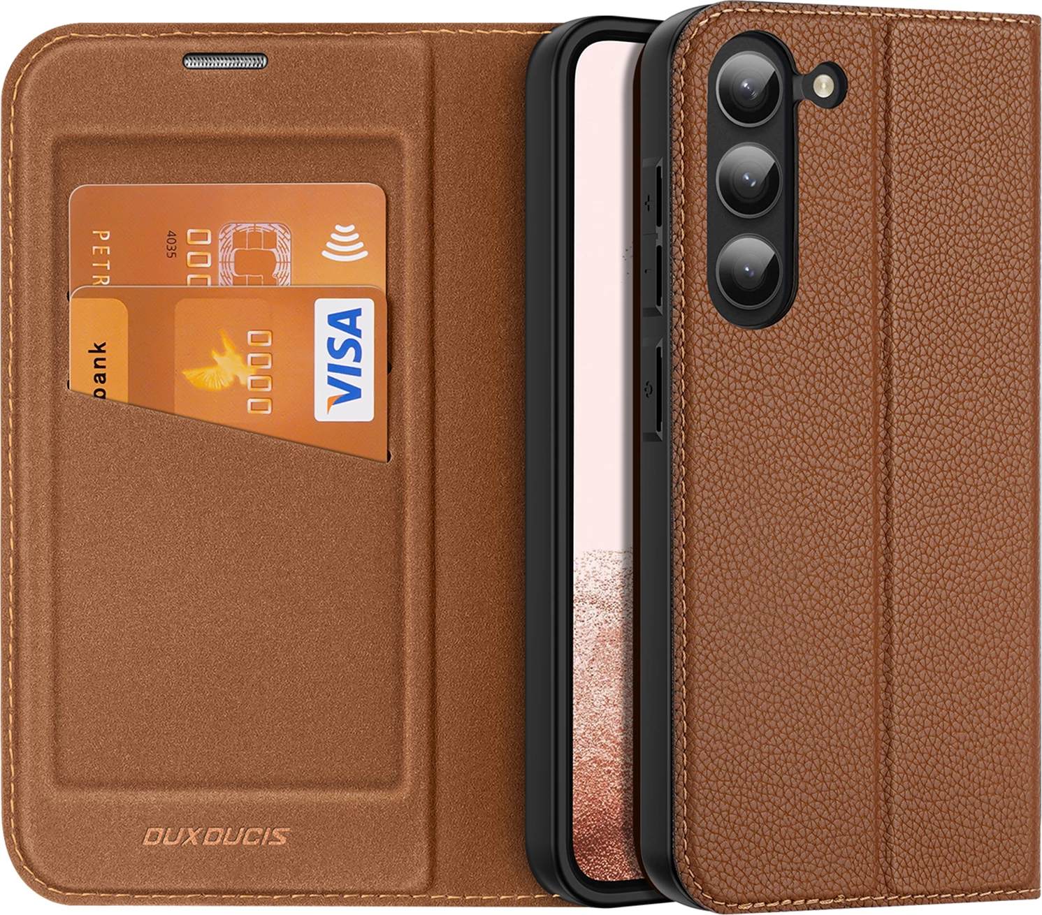 Mbështjellës Dux Ducis Skin X2 për Samsung Galaxy S23+, me kapak, portofol dhe qëndrim, Kafe