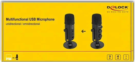 Mikrofon USB DeLOCK, dy kapsula, dalje 3.5 mm për kufje, kontroll volumi, Quick-Mute, i zi