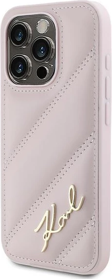 Mbështjellës Karl Lagerfeld Diagonal Quilted Script për iPhone 15 Pro Max, rozë