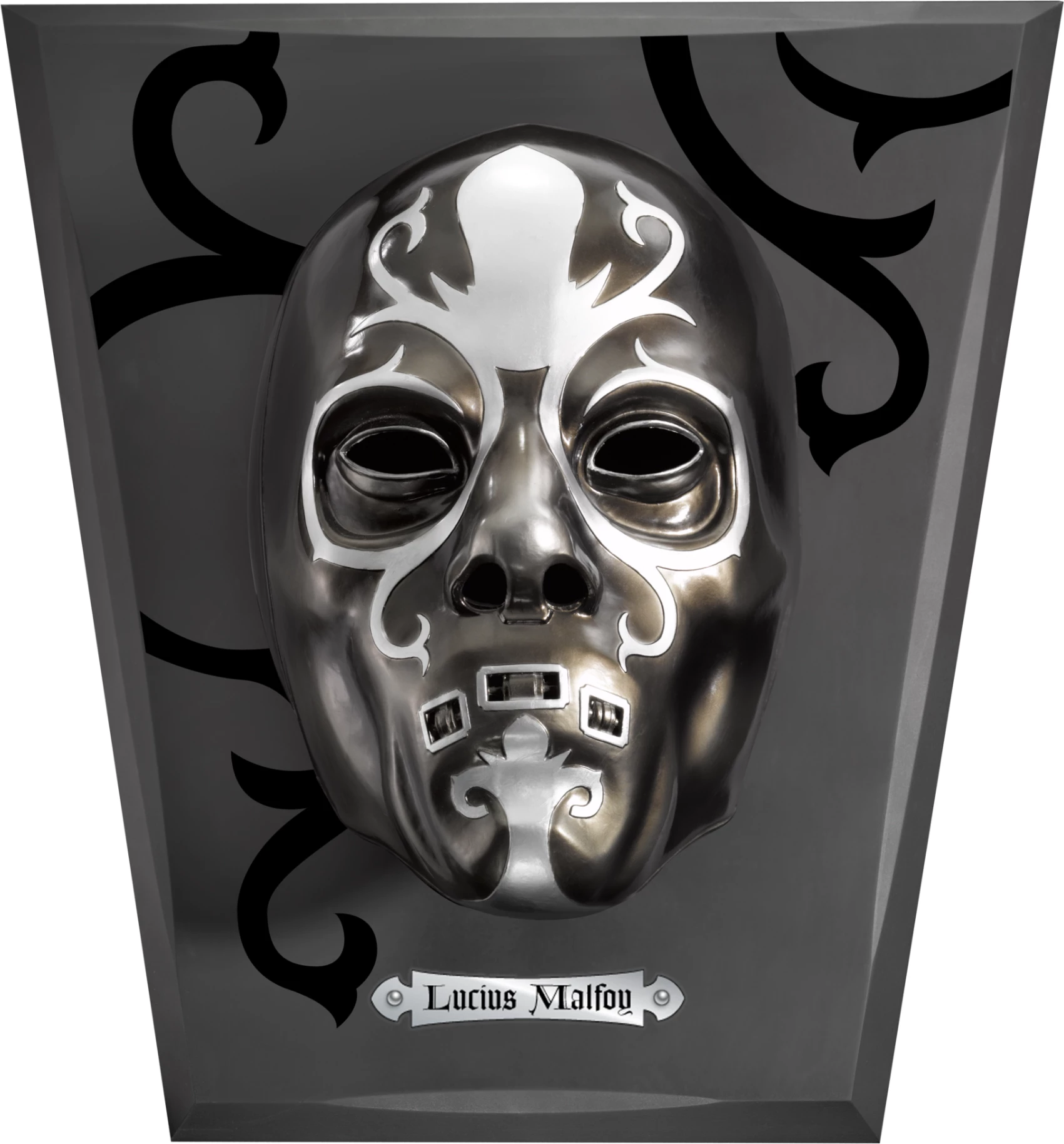Maskë replike NOBLE COLLECTION Harry Potter Lucius Malfoy Death Eater, 23 x 16 cm, me panel ekspozimi 40 x 26 cm, zi-argjendtë