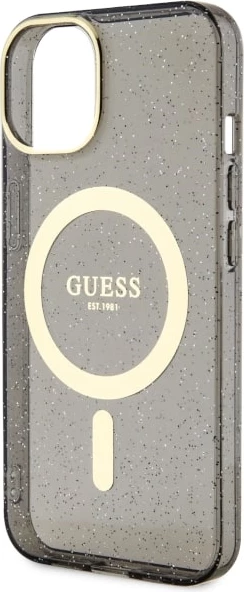 Mbështjellës Guess GUHMP14MHCMCGK për iPhone 14 Plus 6.7", Glitter Gold MagSafe, zi