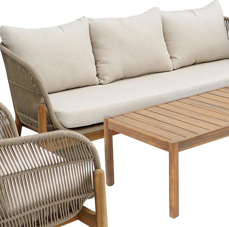 Set lounge për jashtë Verilan, dru akacie, litar dhe jastëkë bezhë