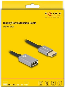 Kabllo zgjatëse DisplayPort DeLOCK 2 m, DP mashkull në DP femër, 8K 60Hz, HDR, gri/zi